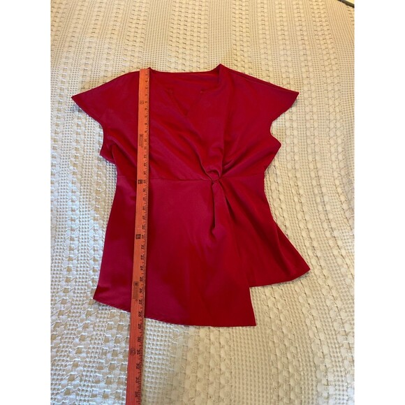 XL Red Blouse Cap Sleeves Faux Wrap Top Asymmetrical Hem V Neck Elastic Waist - Picture 10 of 10